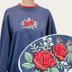 VINTAGE 80s 90s embroidered rose graphic sweatshirt flower‎ appliqué crewneck